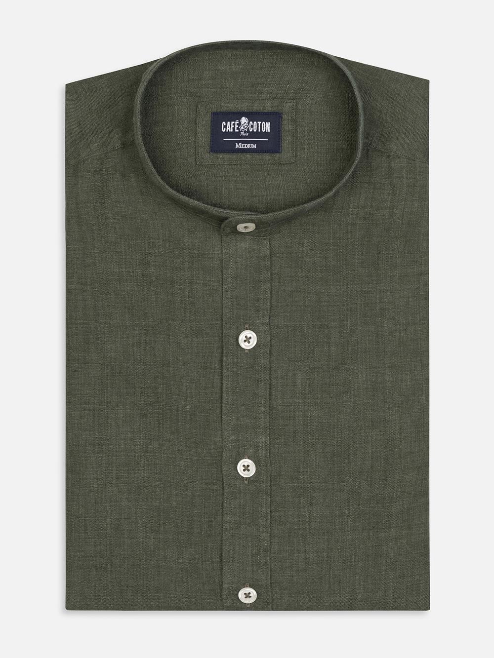 Olaf collarless shirt in khaki linen