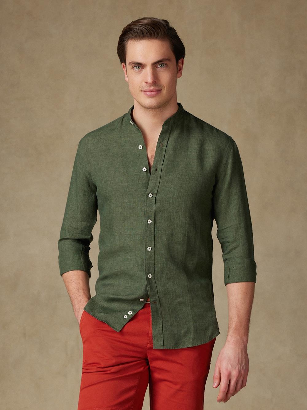 Olaf collarless shirt in khaki linen