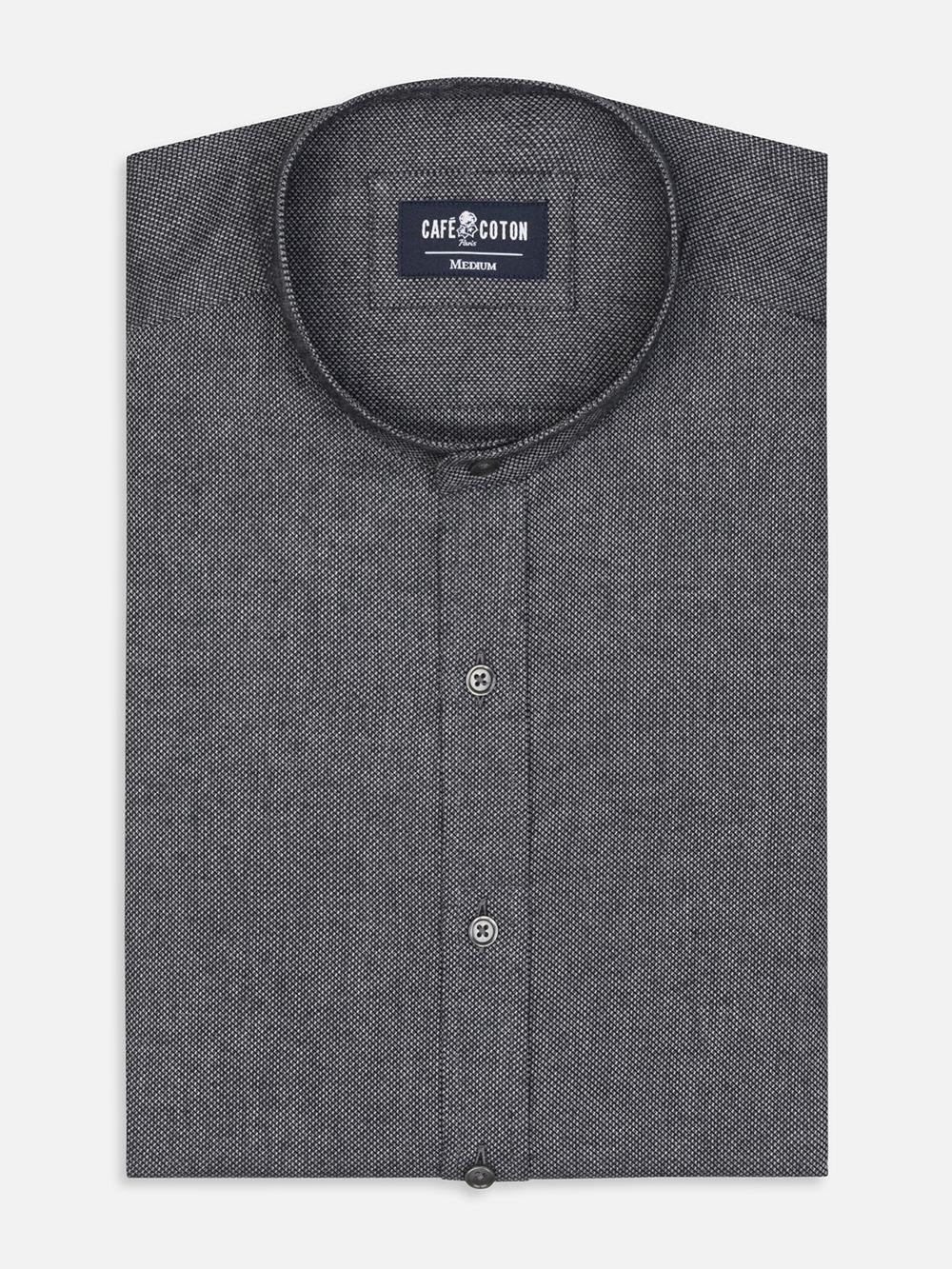 Charcoal melange brushed flannel Callum collarless slim fir shirt