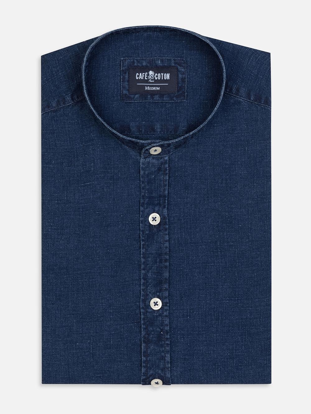 Kirk colarless slim fit shirt in indigo linen