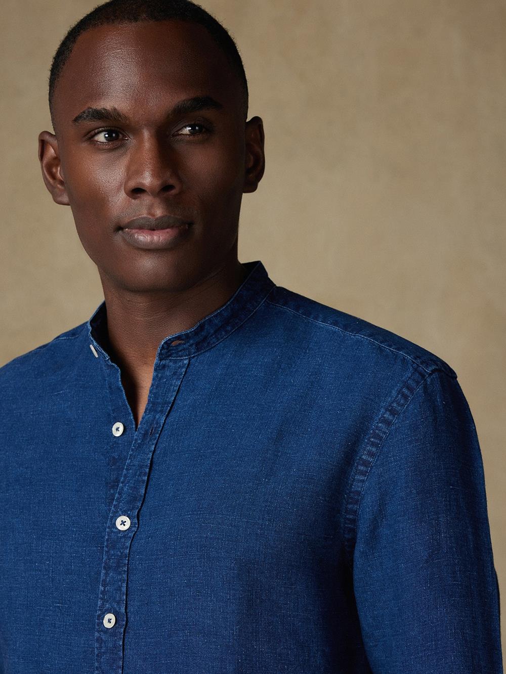 Kirk colarless slim fit shirt in indigo linen