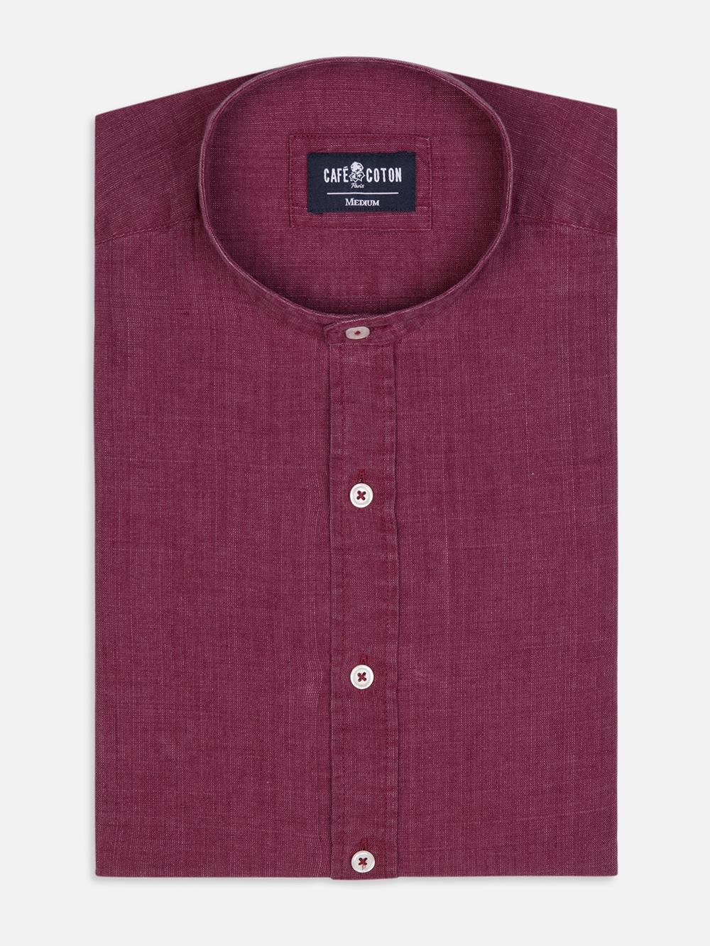 Liam slim fit shirt with Mao Collar in garnet linen