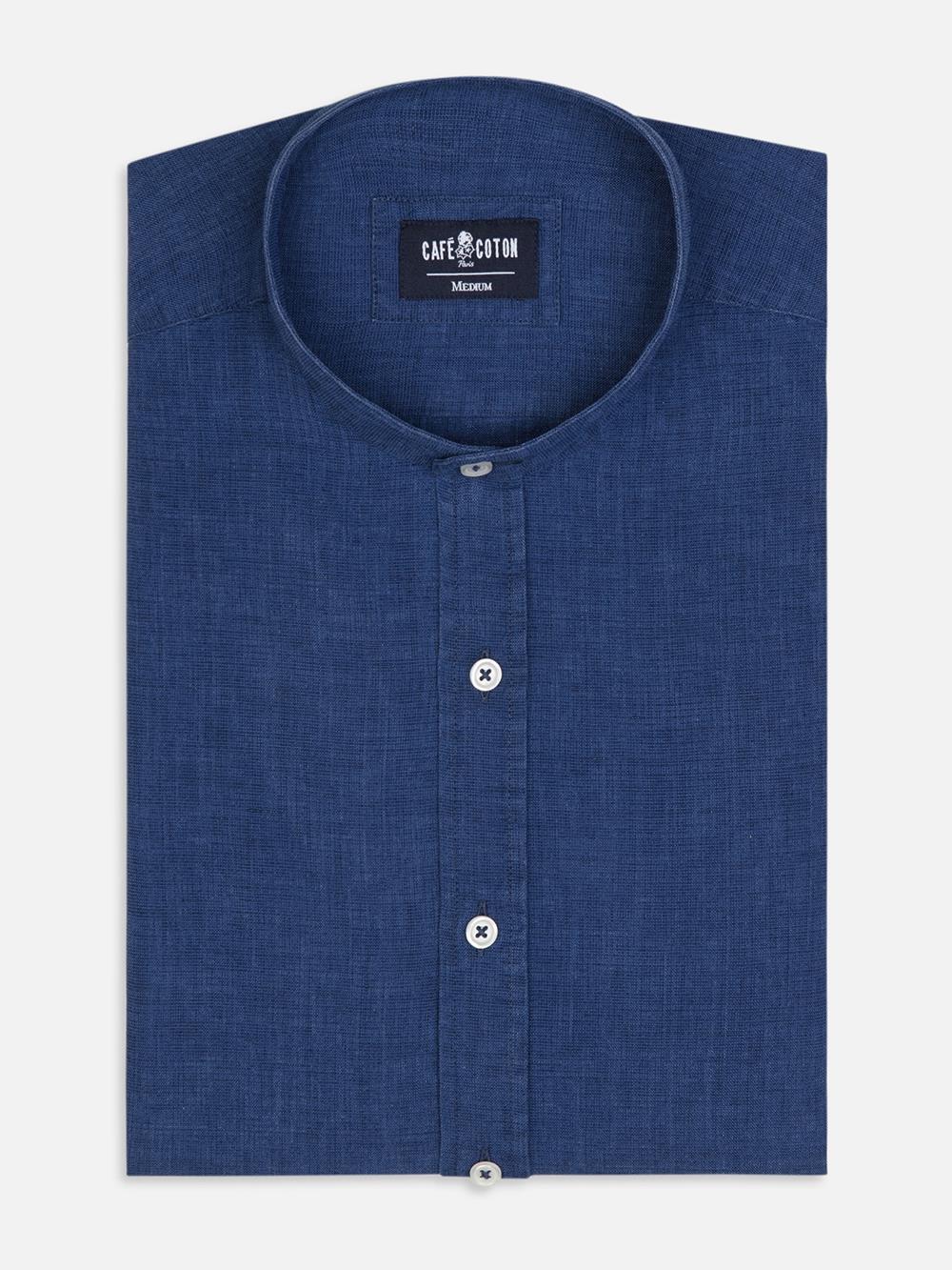 Liam slim fit Mao collar overhemd in marineblauw linnen