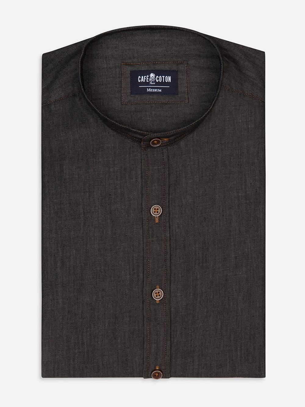 Tailliertes graues Lou-Hemd aus Denim - Mao Kragen