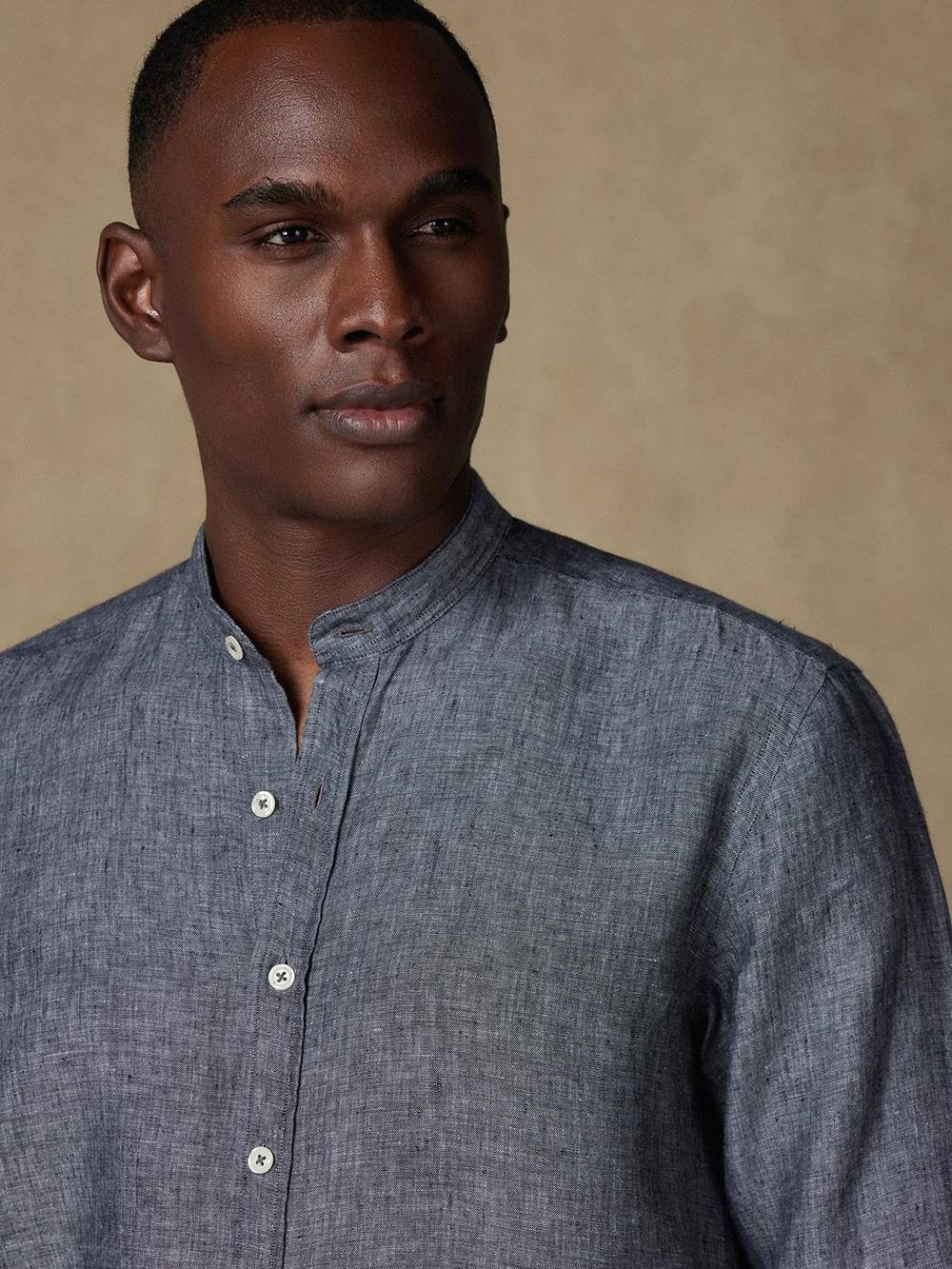 Olaf collarless slim fit shirt in anthracite linen