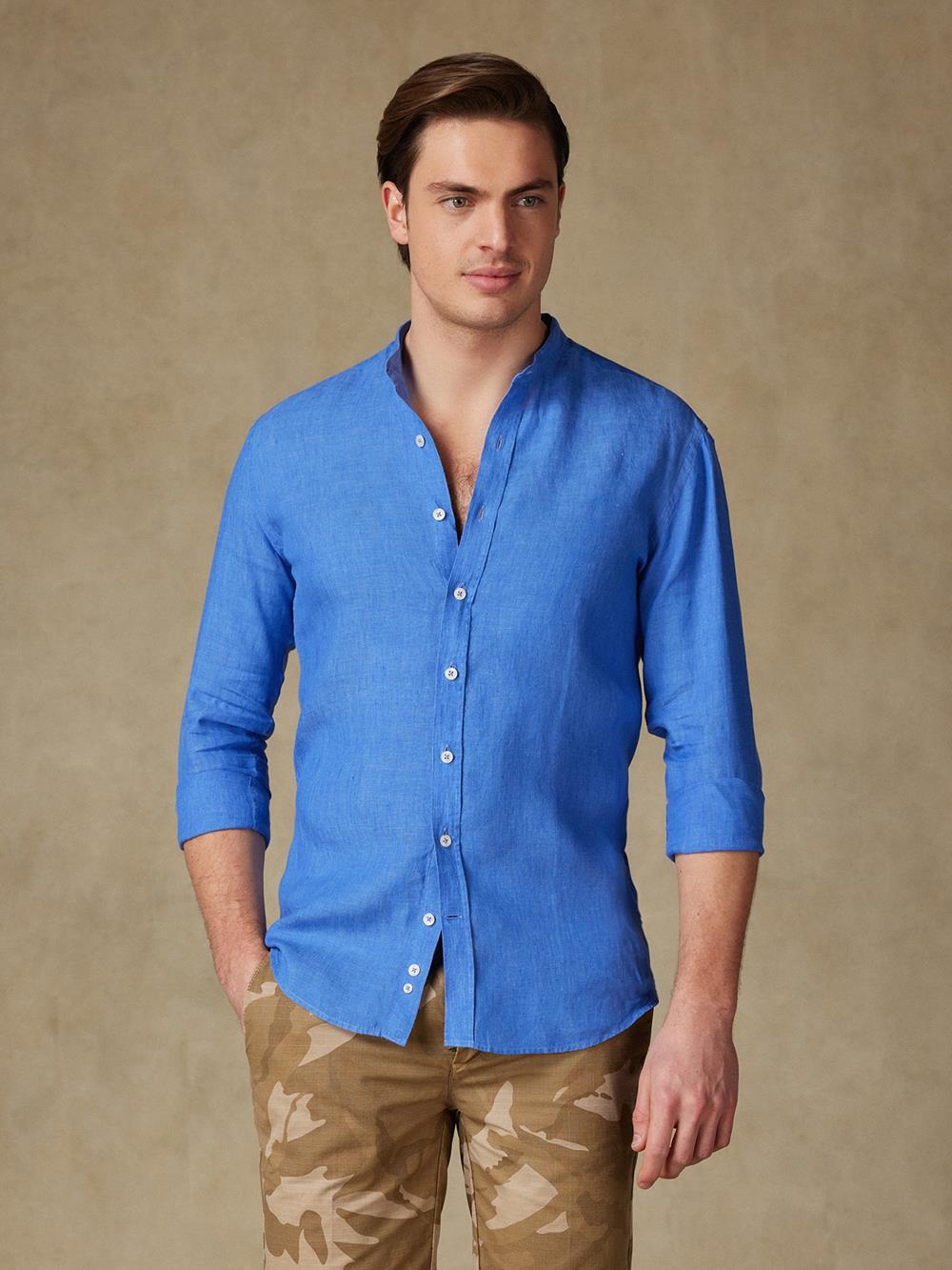 Olaf collarless slim fit shirt in indigo linen