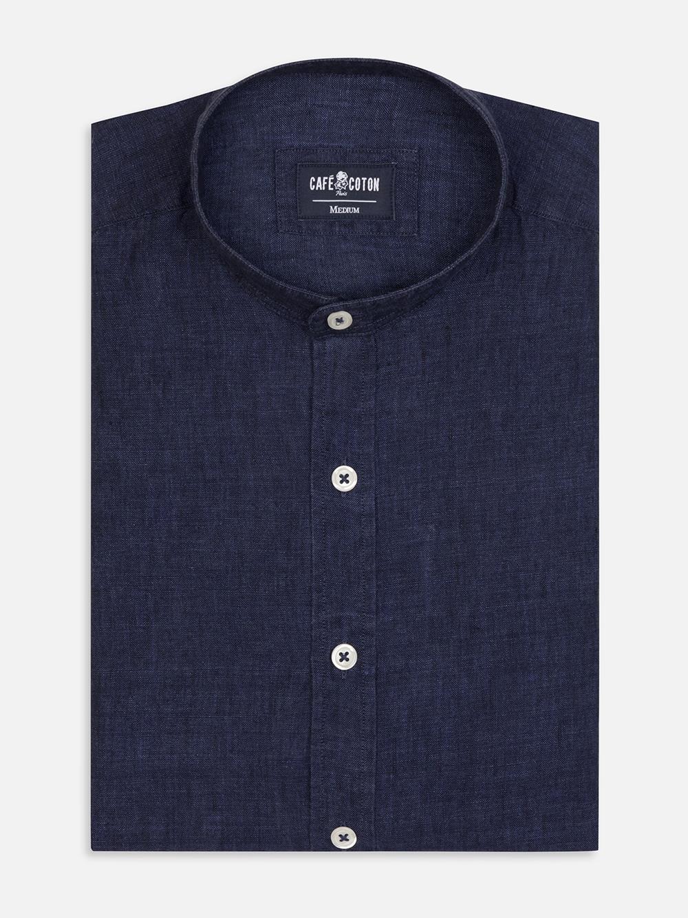 Olaf collarless slim fit shirt in navy linen