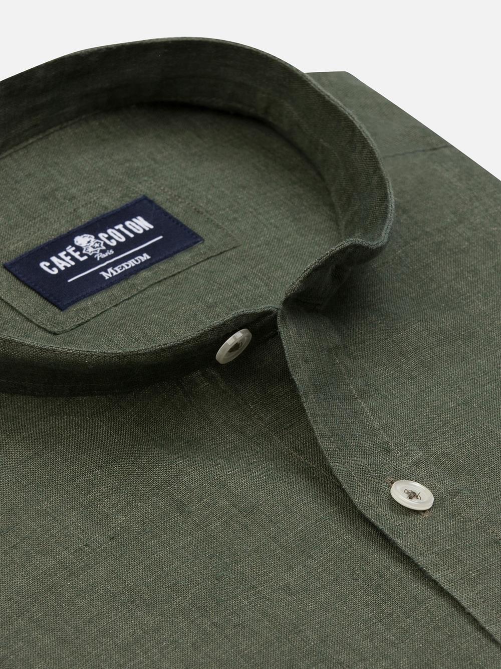 Olaf collarless slim fit shirt in khaki linen