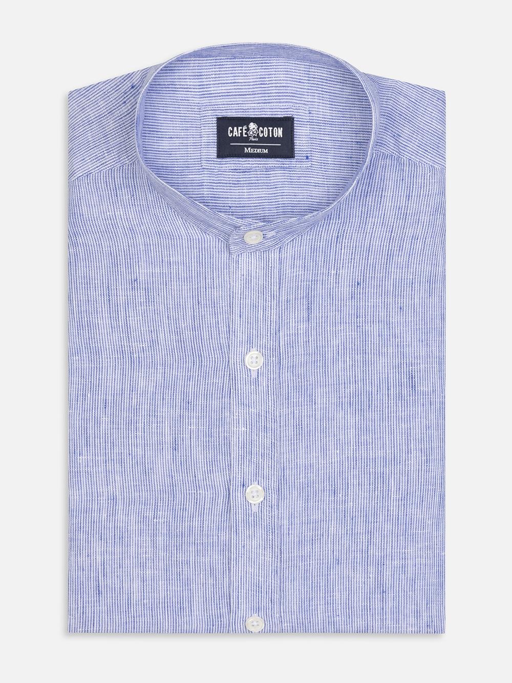 Ted colarless linen slim fit shirt in blue stripes