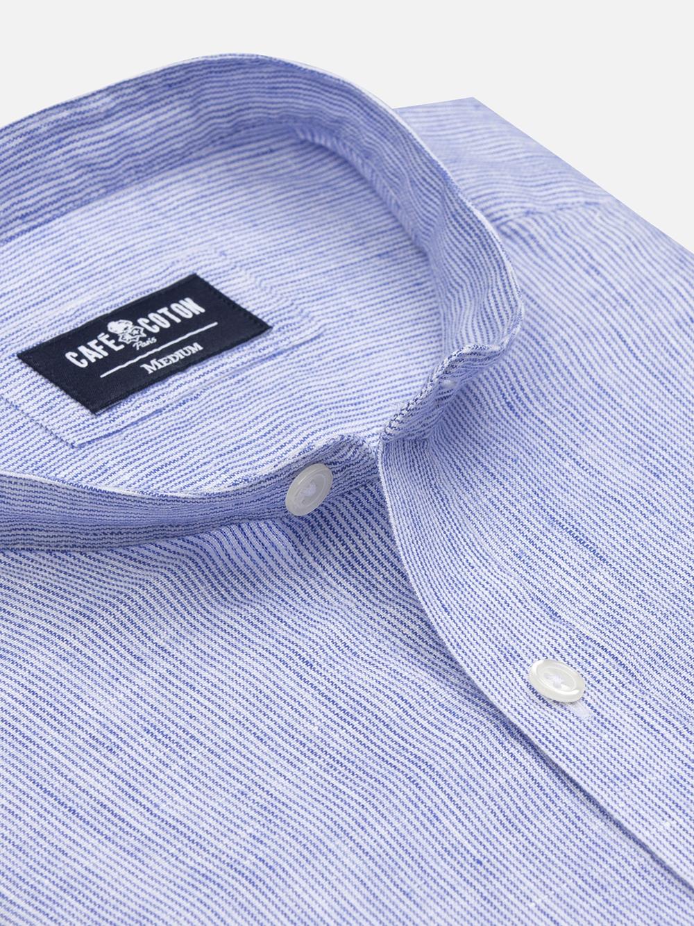 Camicia Ted coreana colletto in lino a righe blu