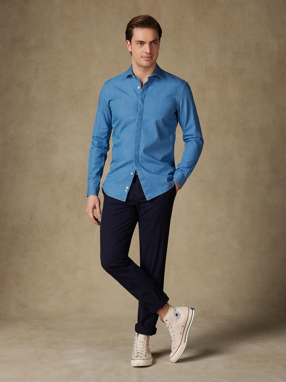 Denim slim fit shirt with hidden throat - Blue