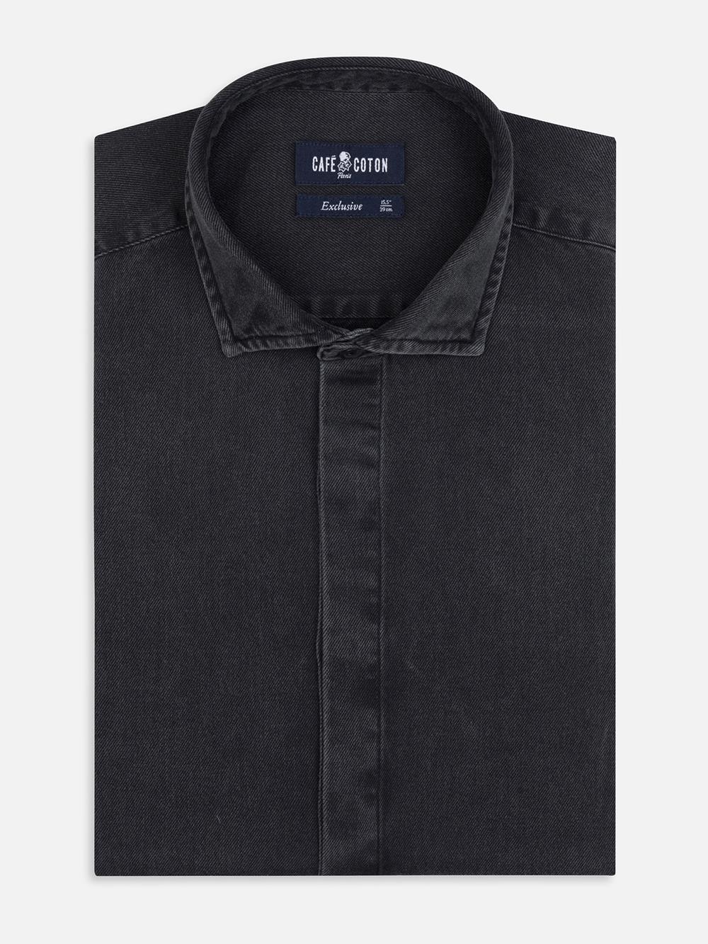 Gustavs Taillierthemd aus schwarzem Jeansstoff - Verdeckte Knopfleiste