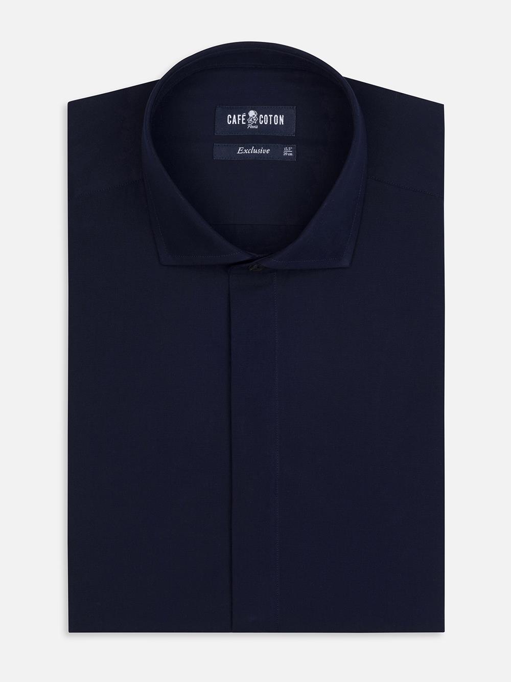 Camicia slim fit slim fit in popeline blu scuro  - Abbottonatura nascosta
