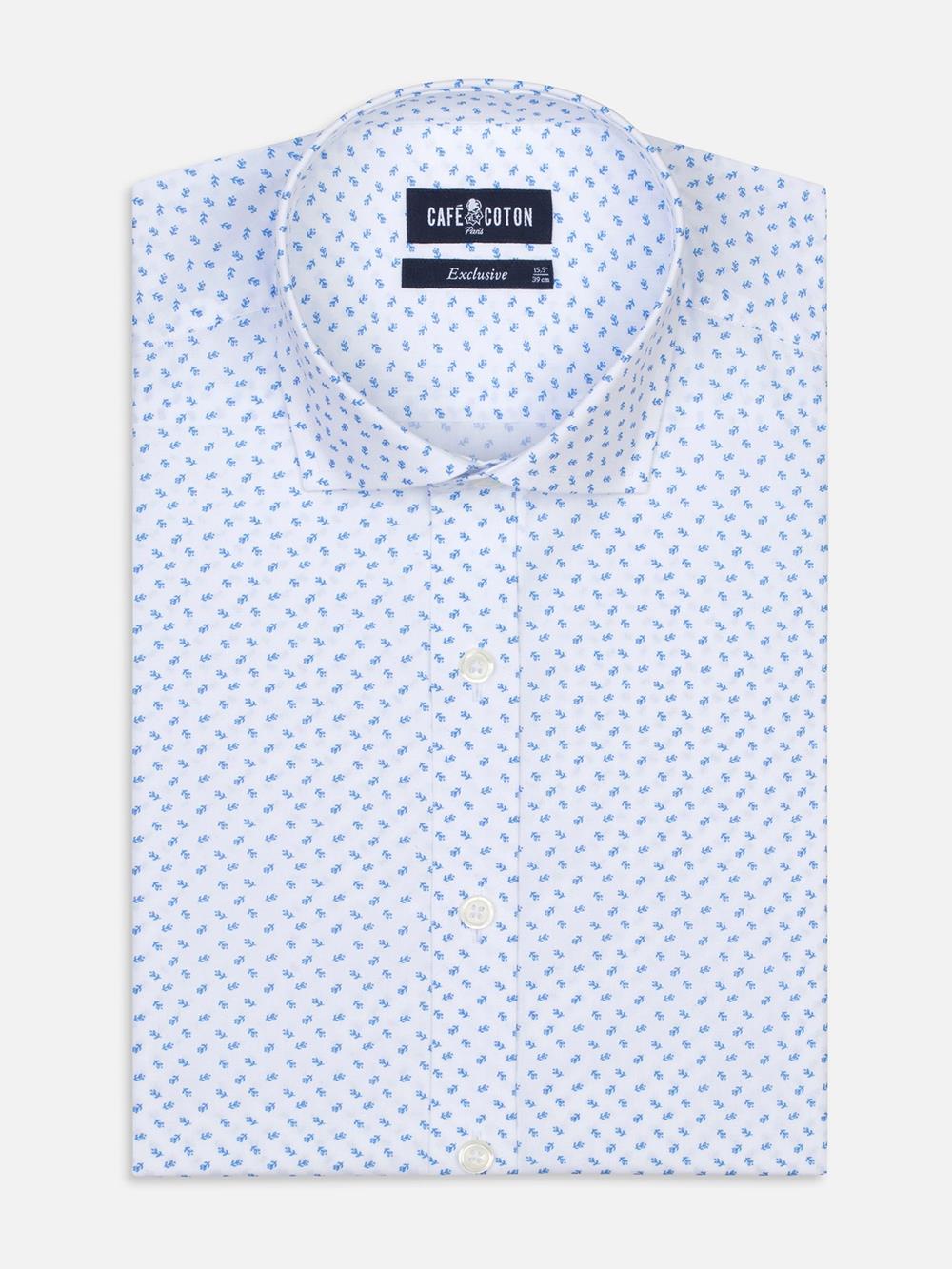 Blue floral printed white popelin shirt 