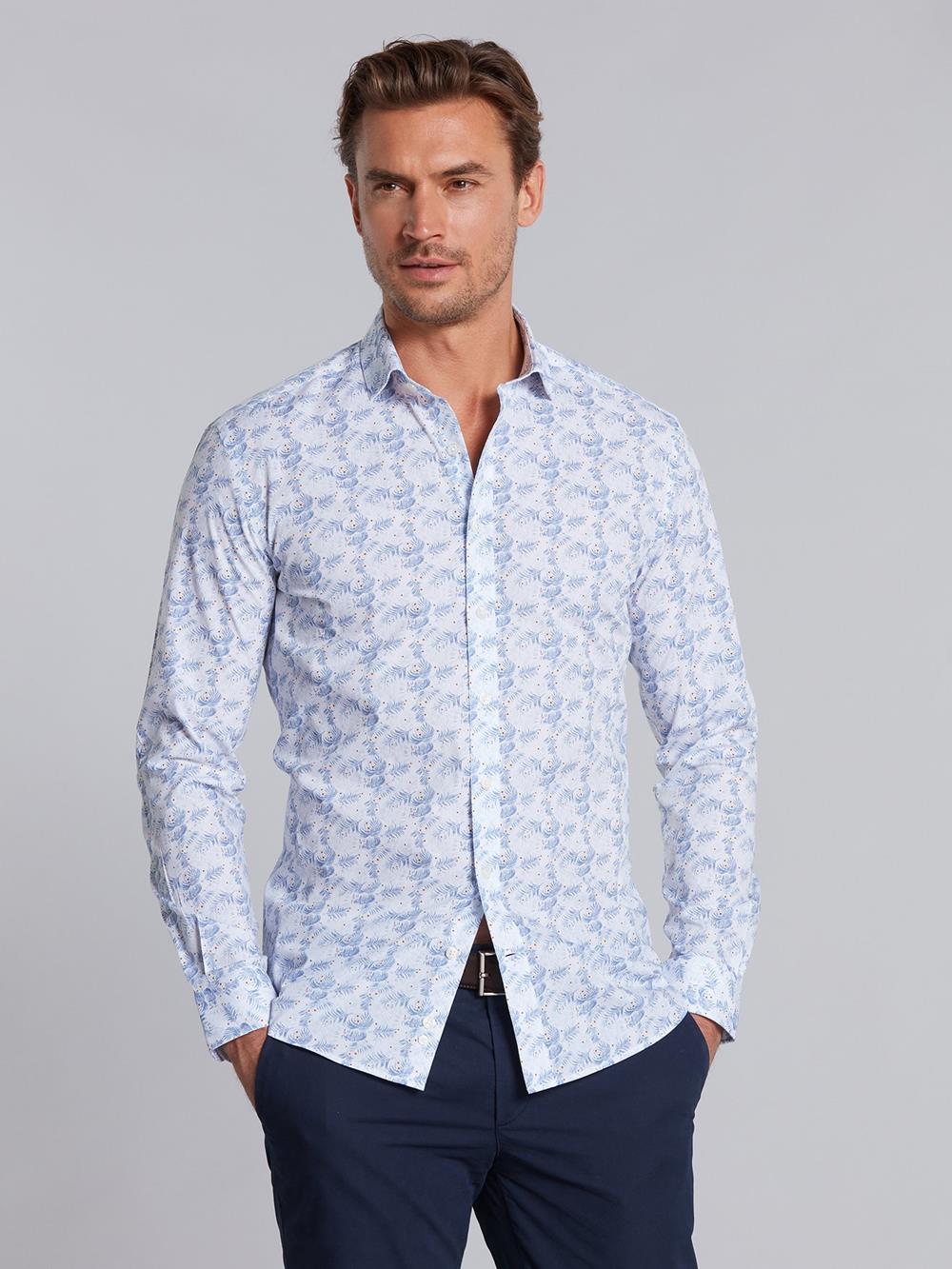 White tropical floral blue sky printed poplin shirt