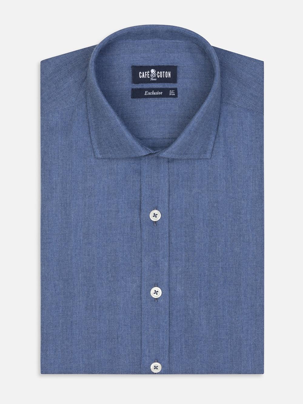  Hall blauw flanellen Slim fit overhemd - Lange mouwen