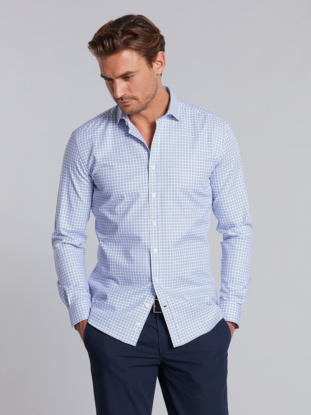 White checks blue twill slim extra long fit shirt