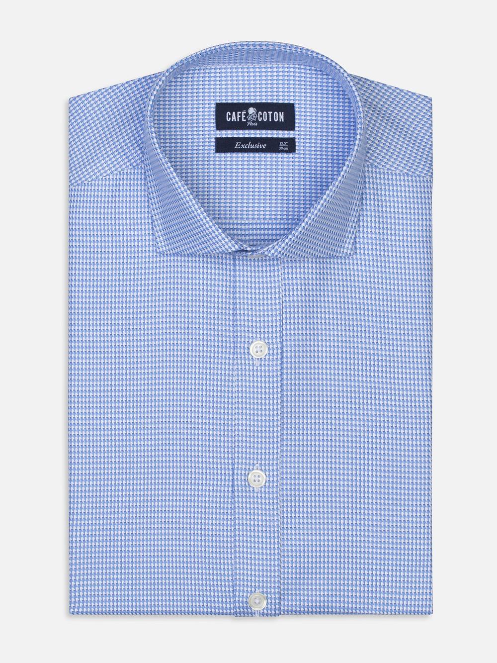Blue sky and white printed houndstooth twill slim extra long fit shirt