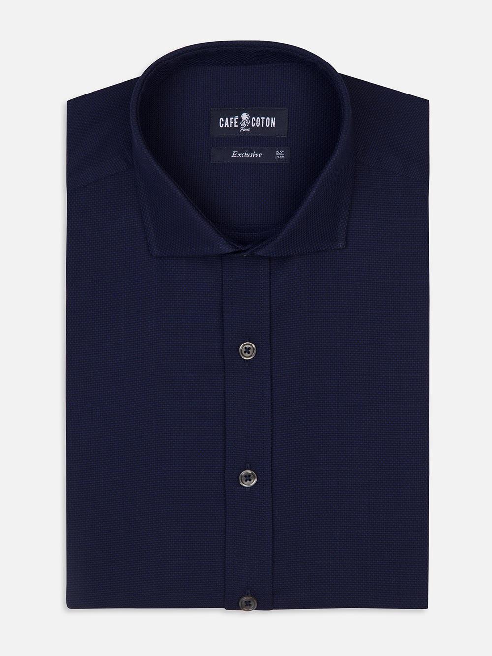 Leo navy blue textured slim fit shirt