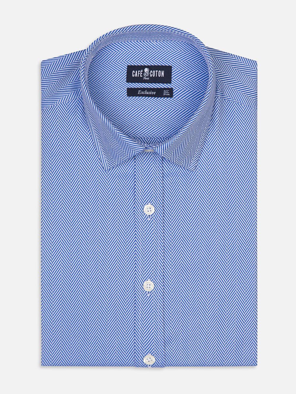 Come getailleerd overhemd in blauwe visgraat - Korte kraag