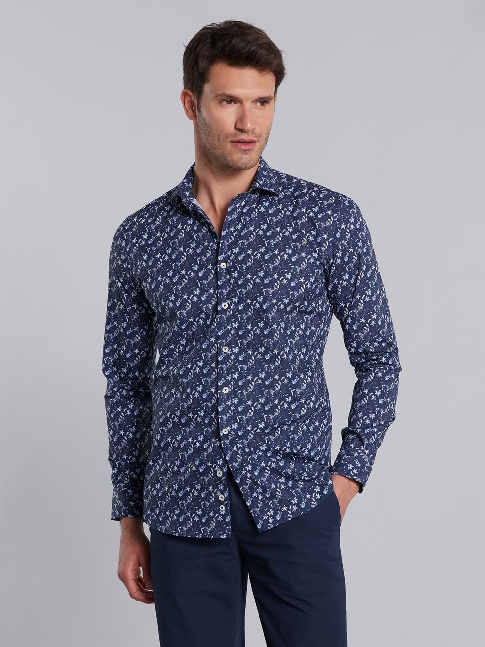 Indigo and white floral printed popelin slim fit shirt - Small Collar