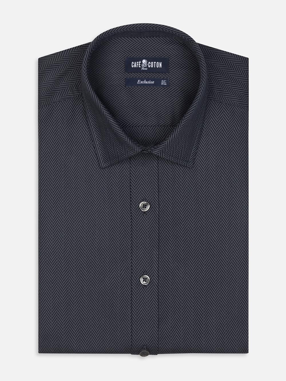 Charcoal Herringbone slim fit shirt - Short Collar