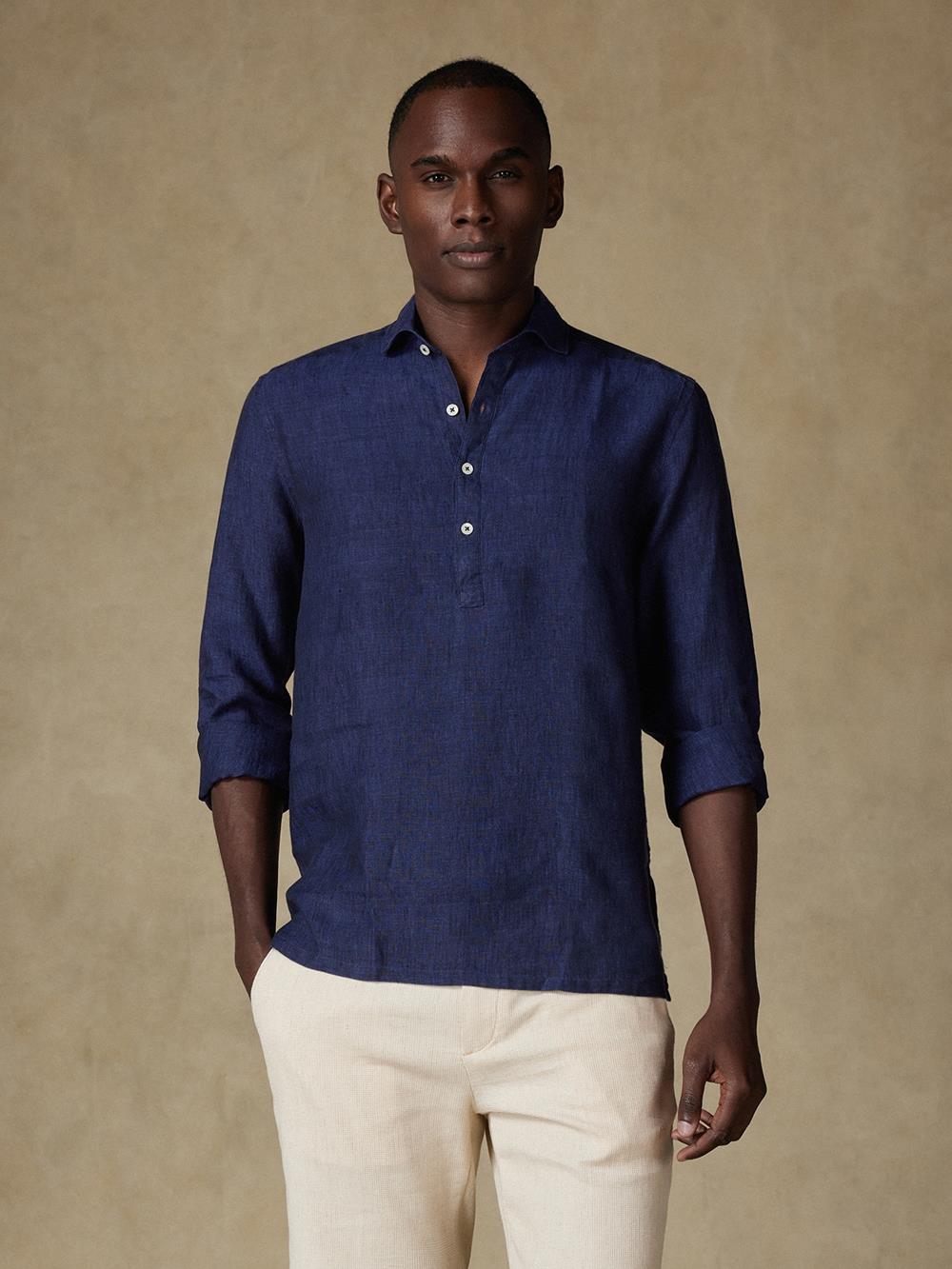 Camisa popover Olaf de lino azul marino