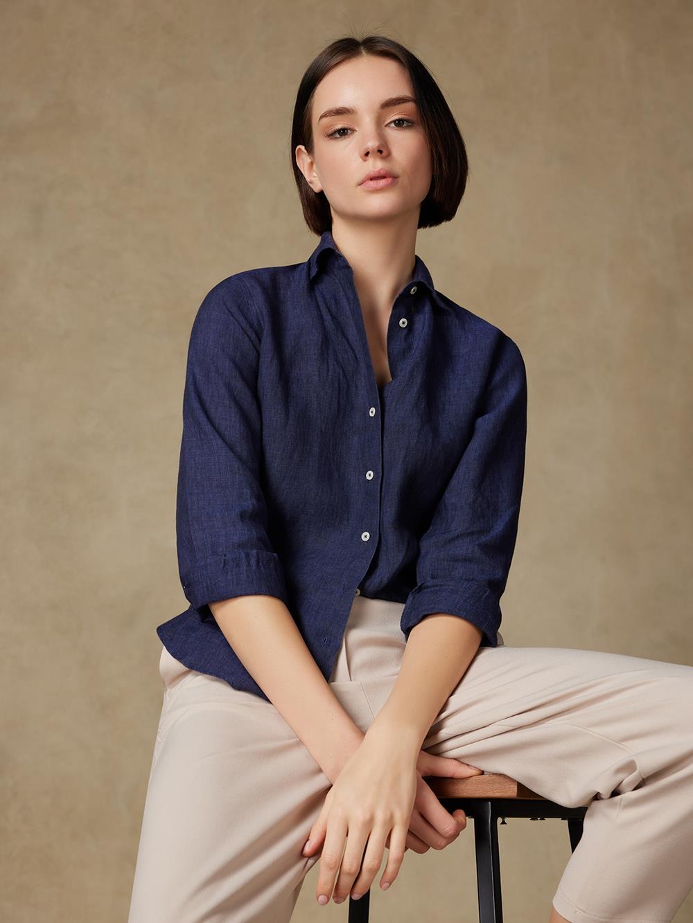 Albane in navy linen shirt 