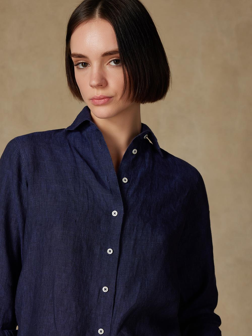 Albane in navy linen shirt 