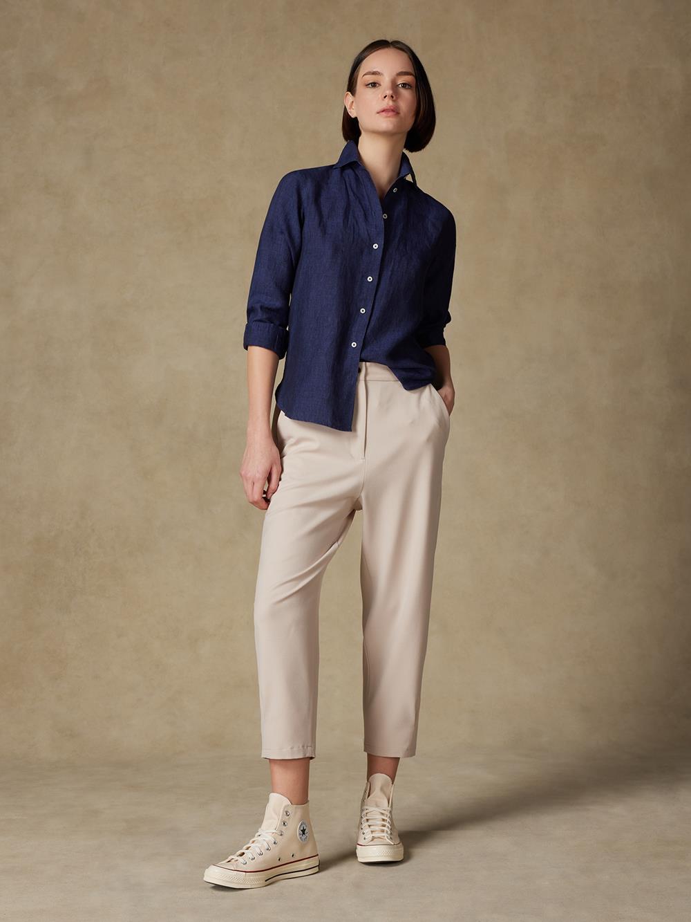 Albane in navy linen shirt 