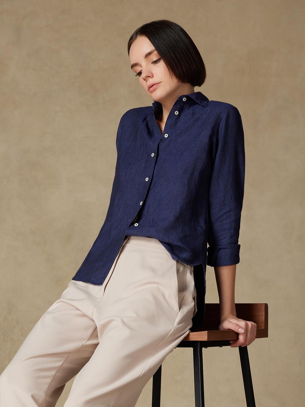 Albane in navy linen shirt 