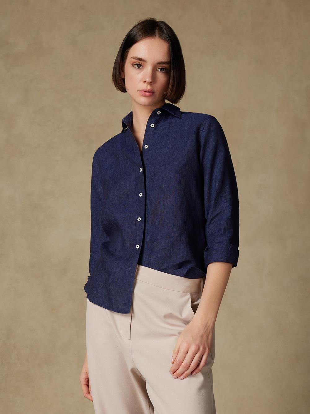 Albane in navy linen shirt 