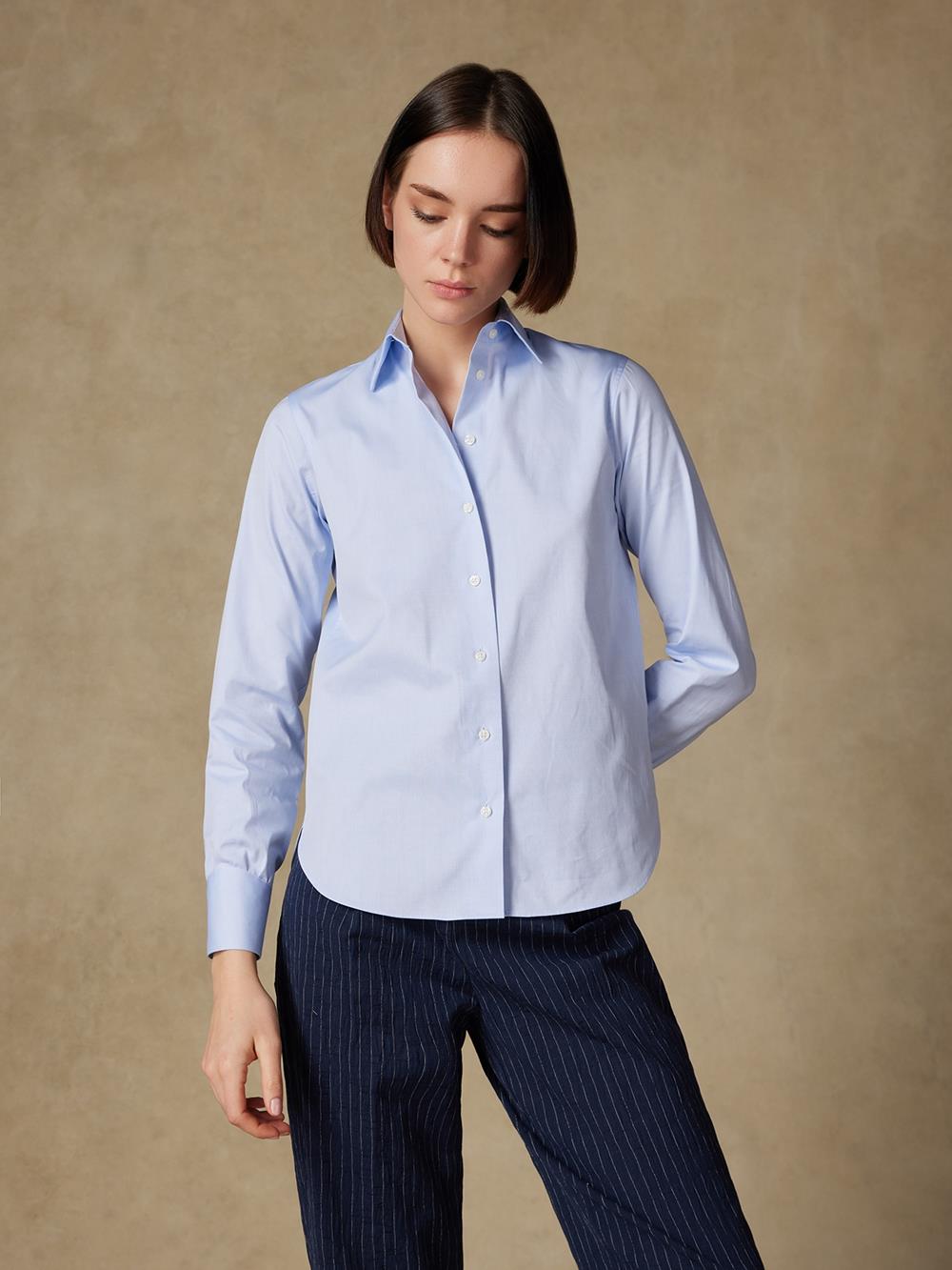 Albane in light blue pinpoint shirt 