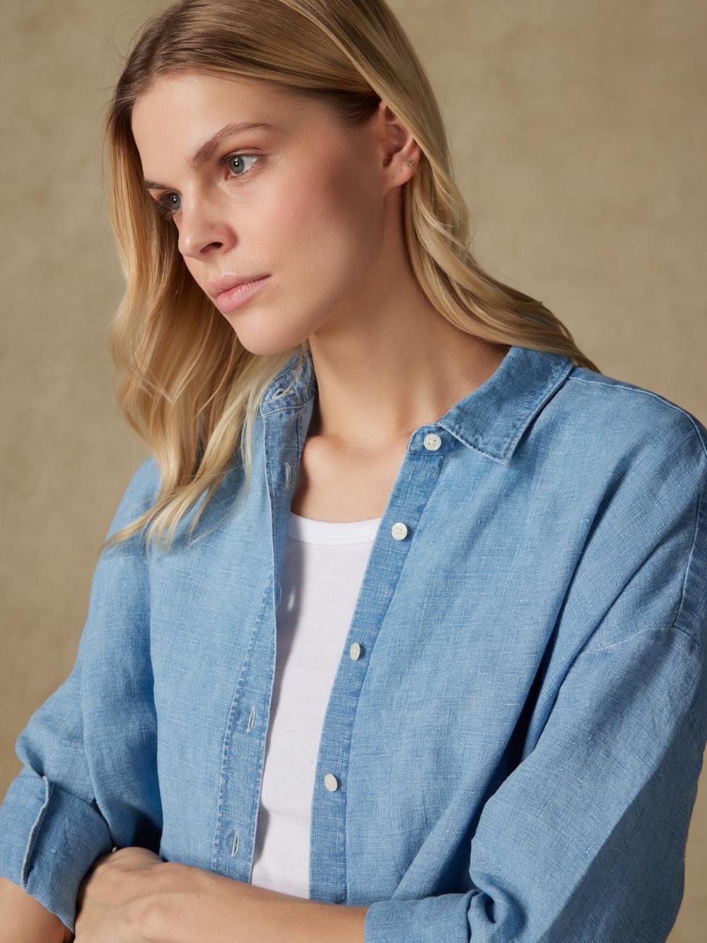 Coby camicia in lino effetto denim cielo