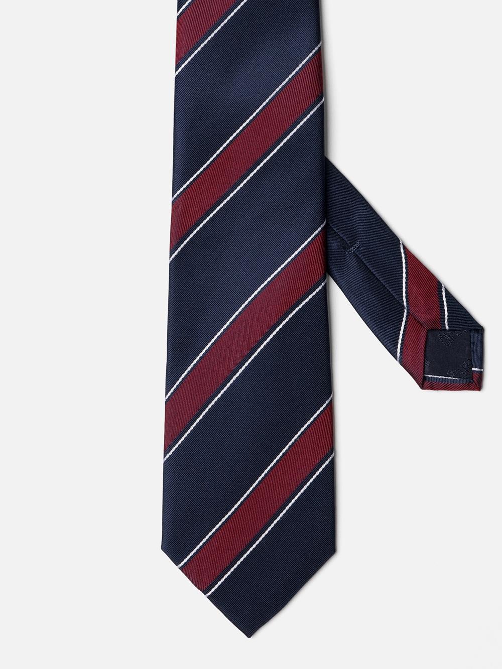 Navy silk tie with burgundy stripes