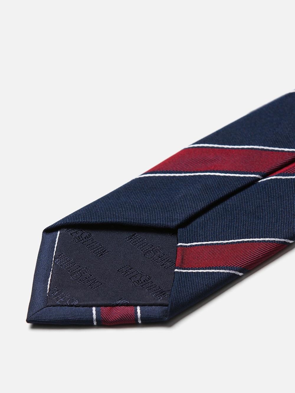 Navy silk tie with burgundy stripes