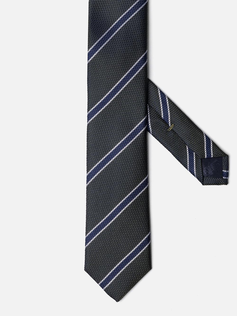Slanke kaki zijden stropdas met marine strepen