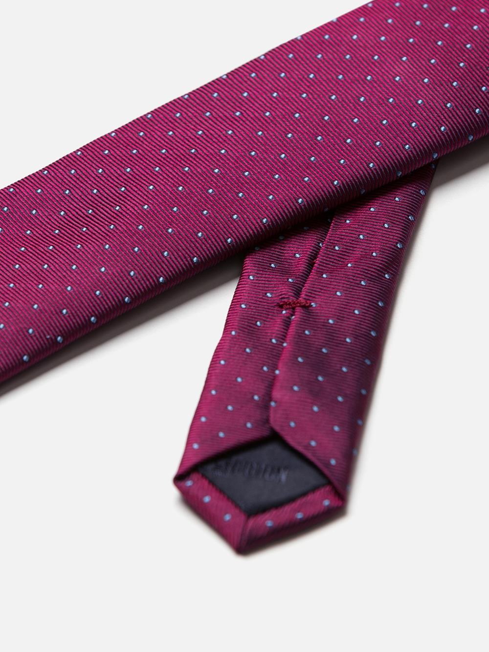 Slanke stropdas in fuchsia zijden reps met sky polka dots