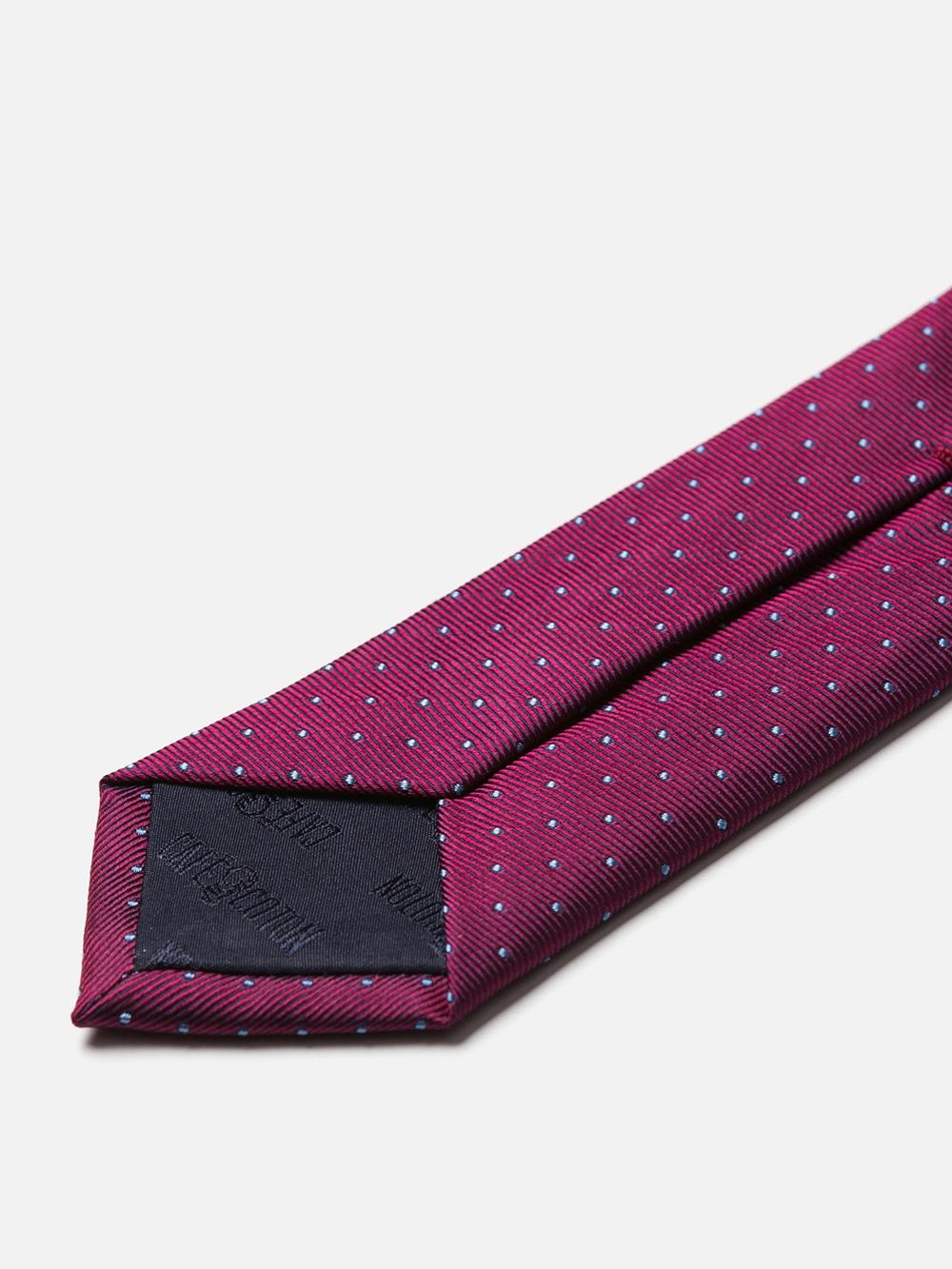 Slanke stropdas in fuchsia zijden reps met sky polka dots