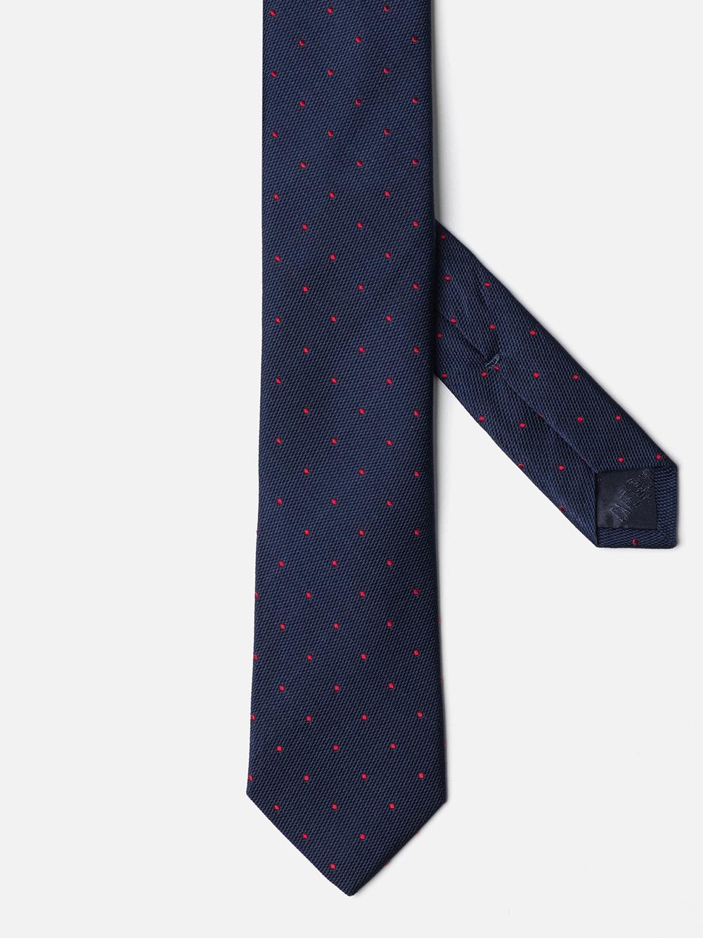 Slim silk tie with red polka dots