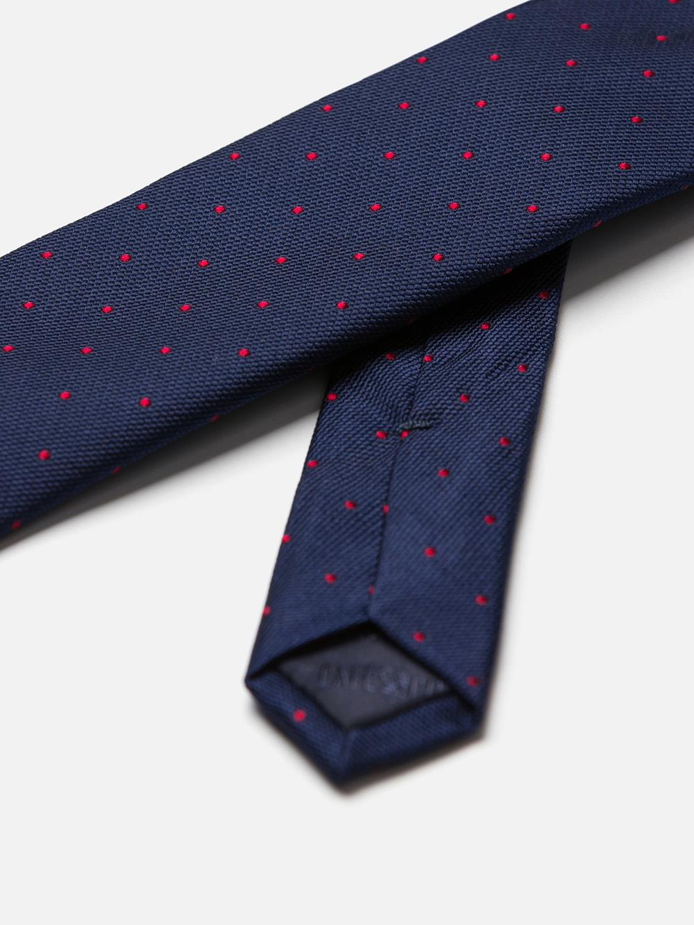 Slim silk tie with red polka dots