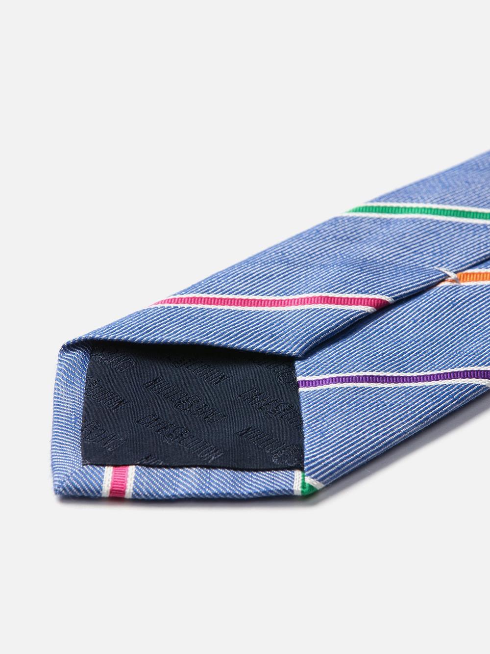Cravate en soie et lin bleue à rayures multicolores