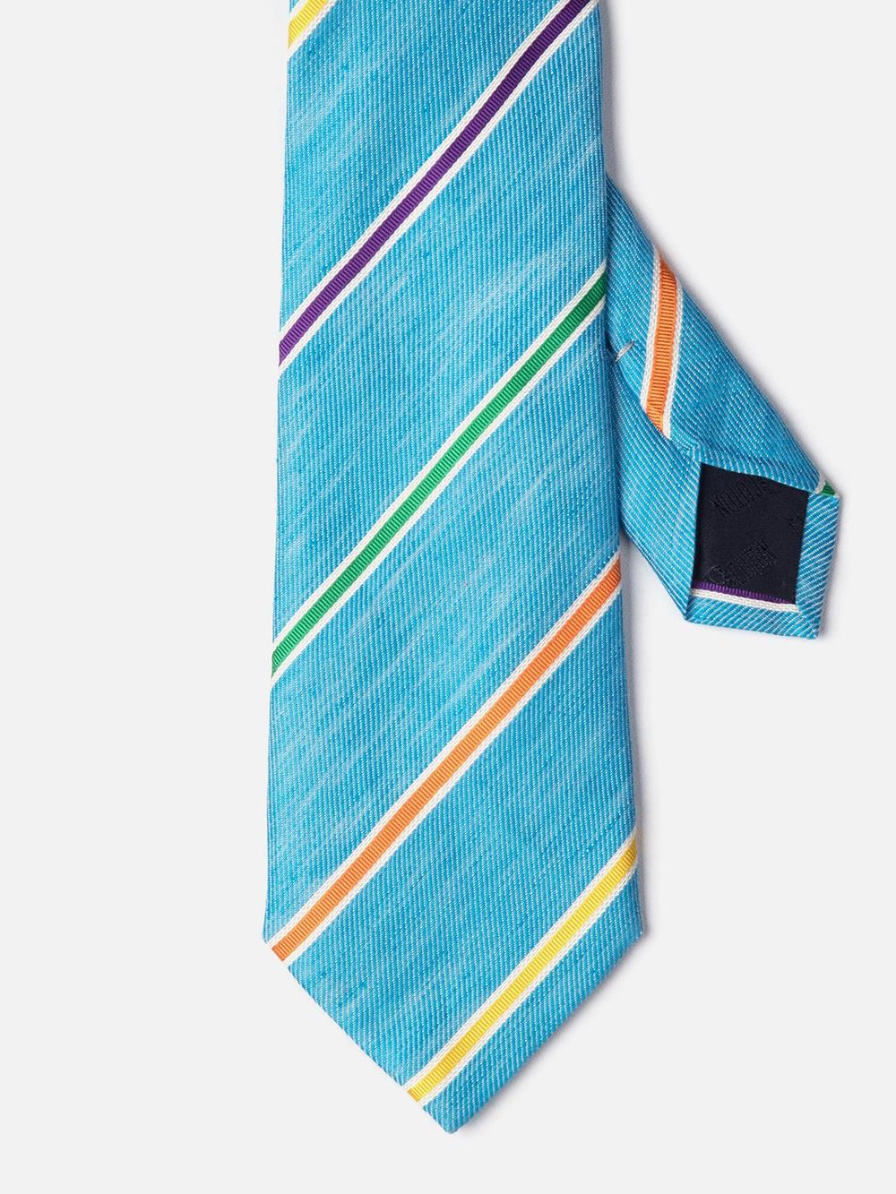 Cravate en soie et lin turquoise à rayures multicolores