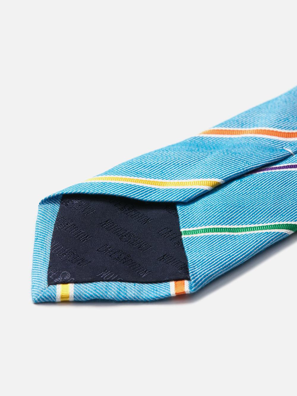 Cravate en soie et lin turquoise à rayures multicolores