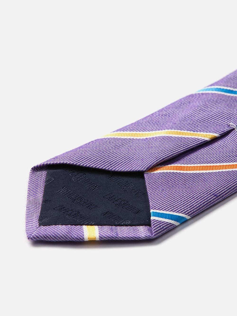 Cravate en soie et lin parme à rayures multicolores