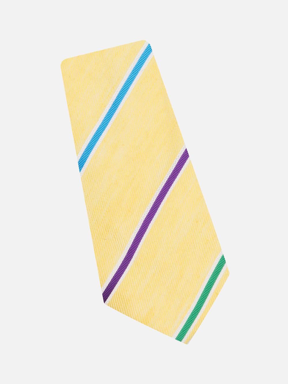 Cravate en soie et lin jaune à rayures multicolores