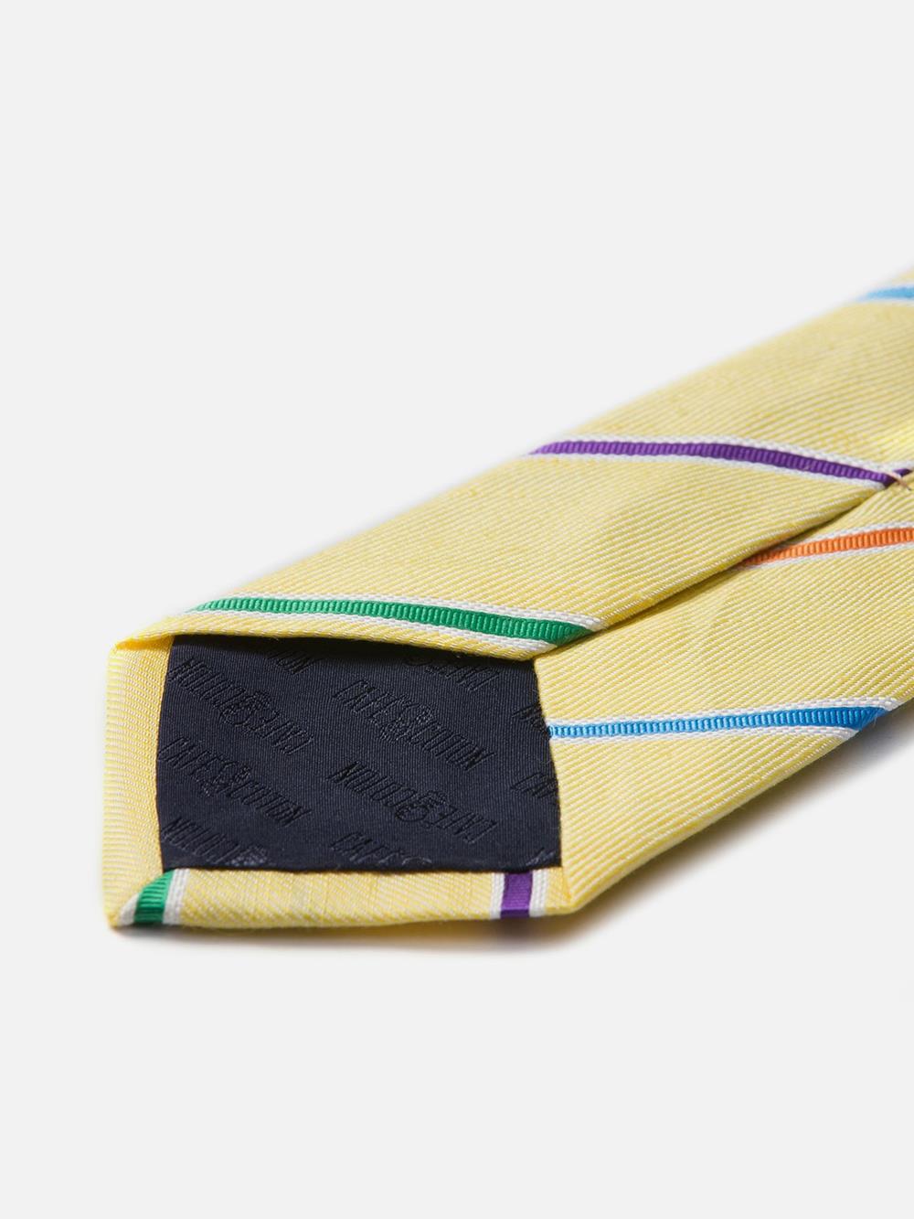 Cravate en soie et lin jaune à rayures multicolores