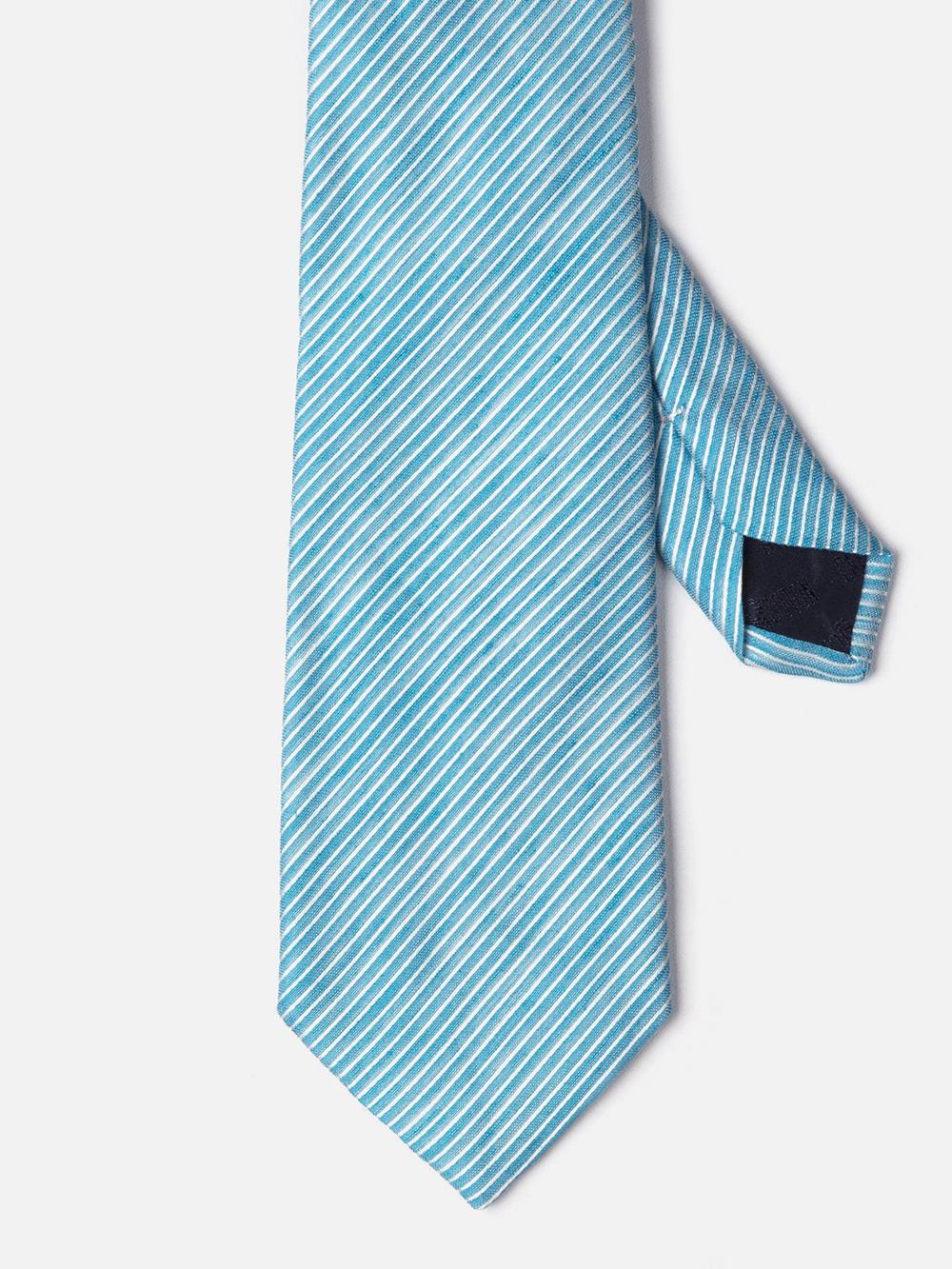Cravate en lin et soie turquoise à rayures