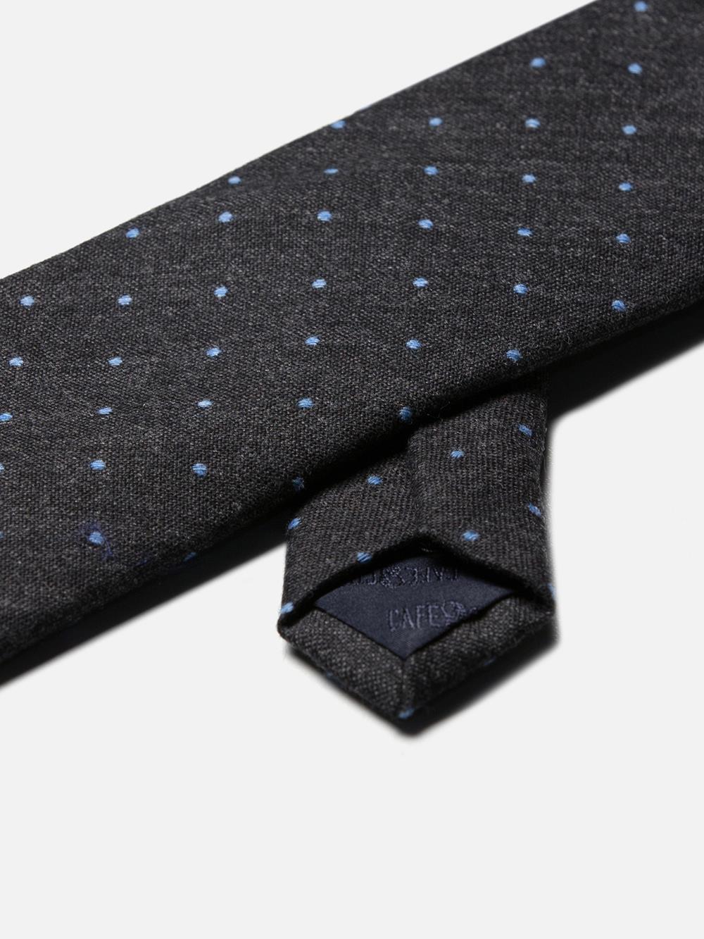 Grijze wollen en zijden met hemelsblauwe stippen stropdas 