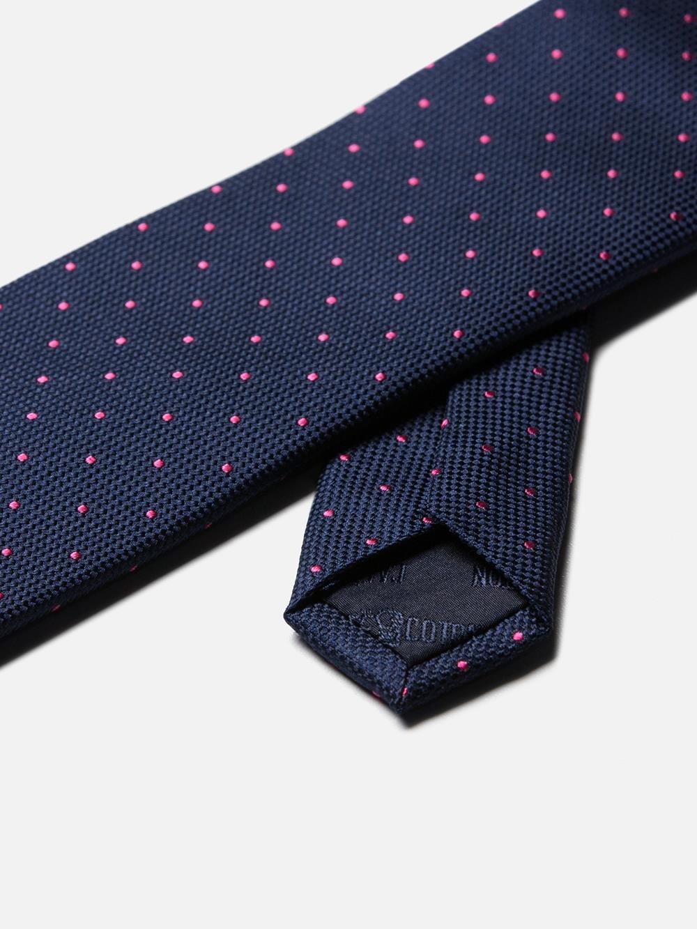 Marine zijden met roze stippen stropdas 